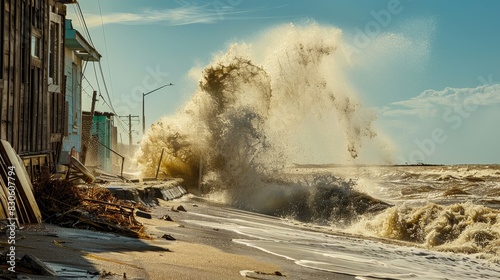 Large waves crash against homes along a coastal area, demonstrating the destructive power of nature and coastal erosion.