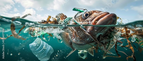 A fish struggles underwater, entangled in ocean debris and plastic waste, highlighting the threat to marine life from pollution. photo