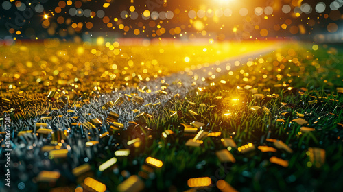 In an evening stadium arena, the soccer championship win is celebrated with tinsel and confetti raining down. The entire scene is illuminated in a warm, golden yellow glow.