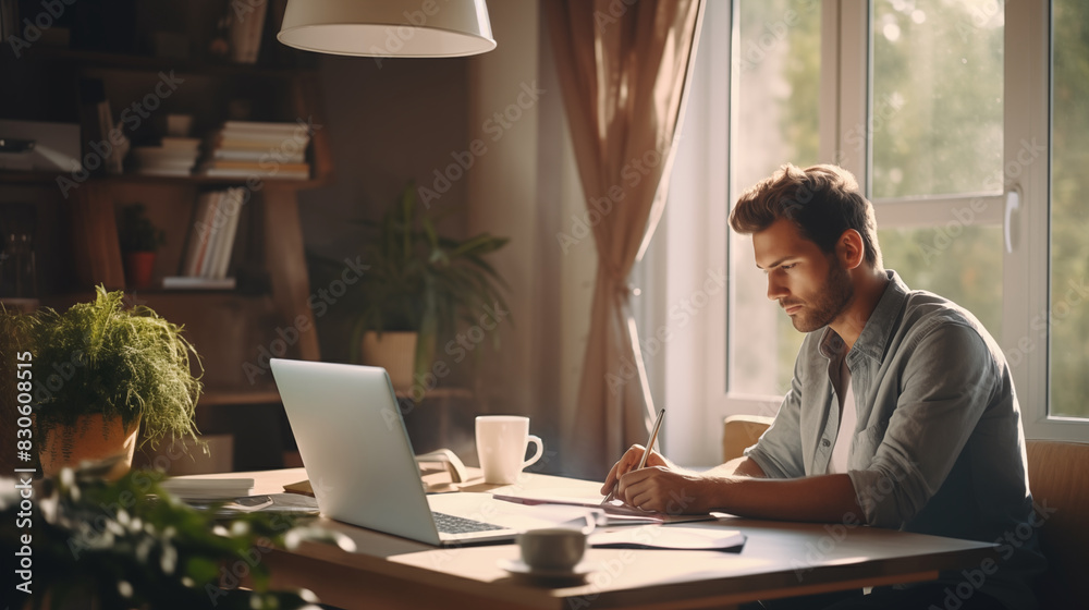 Cozy Home office, Young man working with laptop computer, photo shot, natural light day Cozy Home office, Young man working with laptop computer, photo shot, natural light day