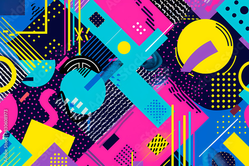 A lively image filled with an assortment of geometric shapes and patterns in bold  saturated colors