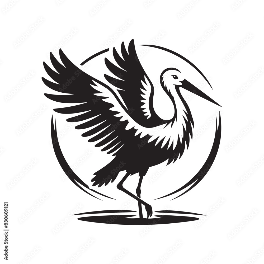 Fototapeta premium Minimalist Stork Bird Vector: Black Vector Silhouette of a Stork- Illustration of Stork Bird - Bird Vector Silhouette.