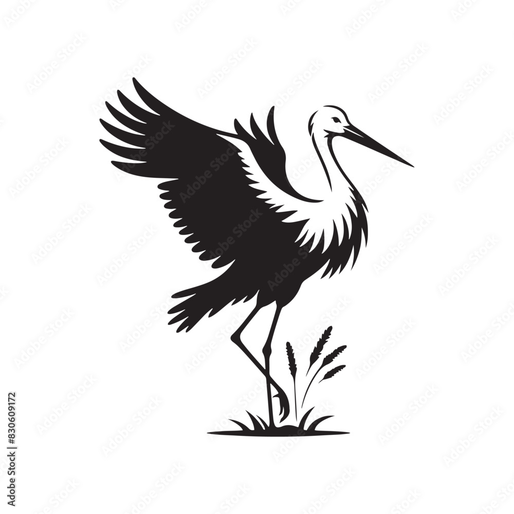 Fototapeta premium Minimalist Stork Bird Vector: Black Vector Silhouette of a Stork- Illustration of Stork Bird - Bird Vector Silhouette.