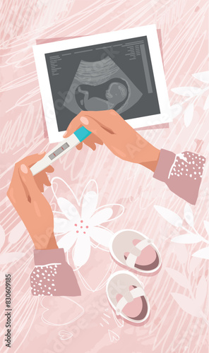 Maternity and pregnancy card, woman holding positive pregnancy test, modern collage, vector illustration.
