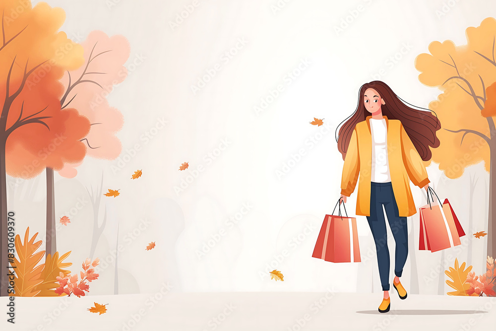 The minimalist concept of a shopping banner template with autumn colors. Element design with a woman holding shopping bags walking happily, surrounded by autumn trees in the park. The minimalist concept of a shopping banner template with autumn colors. Element design with a woman holding shopping bags walking happily, surrounded by autumn trees in the park.