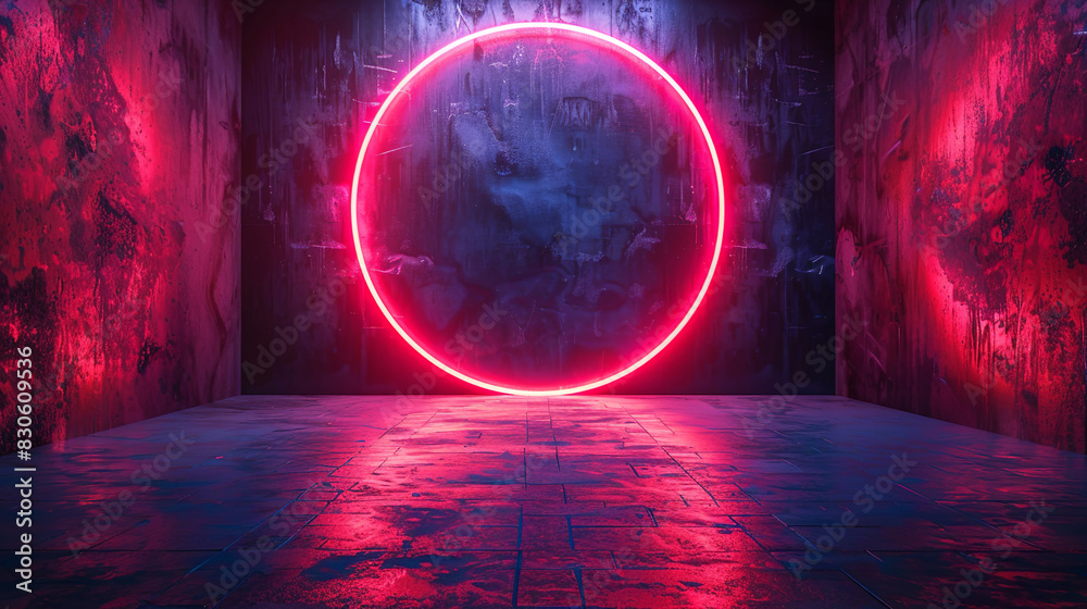 Obraz premium Vibrant neon circle glowing over an eerie, surreal alien terrain with reflective surfaces