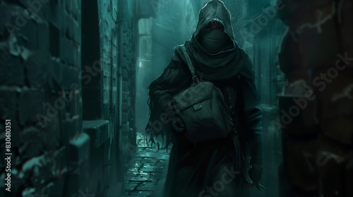 A cunning thief with a hood and a mask, carrying a bag of loot, sneaking through a dark alley. , character concept, video games photo