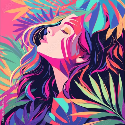 Colorful digital art depicting a woman s face amidst vibrant tropical leaves  blending abstract and modern aesthetics.