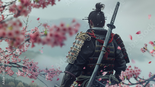 A brave samurai in traditional armor, wielding a katana, standing in a field of cherry blossoms. , character concept, video games