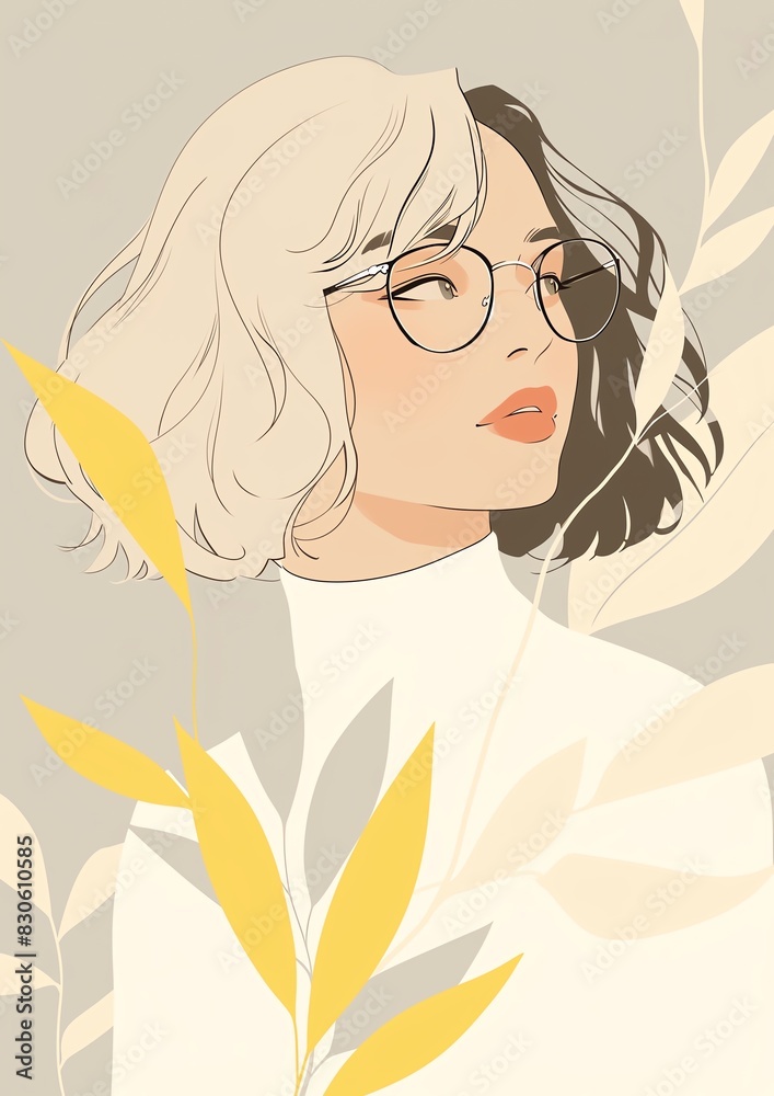 Stylized illustration of a woman with glasses and two-toned hair, featuring abstract leaves in the background. Stylized illustration of a woman with glasses and two-toned hair, featuring abstract leaves in the background.