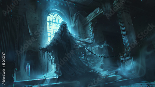A ghostly apparition with tattered robes and chains, floating in a haunted mansion, exuding an eerie glow. , character design, concept art, video games