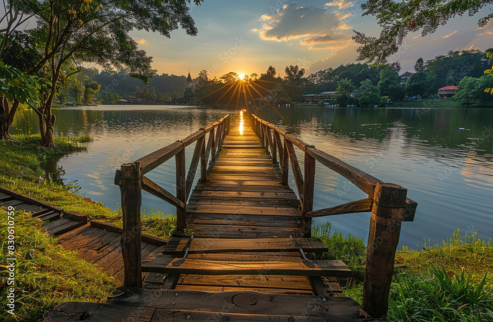 A wooden bridge over the lake, with lush greenery and trees on both sides.