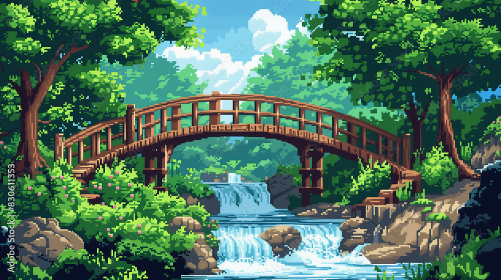 Fototapeta premium A pixel art wooden bridge over a bubbling river, with lush greenery on either side. , assets, pixel art