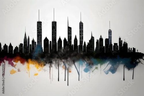  a painted silhouette of a cityscape with tall buildings, paint drips and paint splatters, Urban, Skyline, Artistic, Abstract, Colorful, Modern, Dynamic, Vibrant, Architecture, landscape, city
