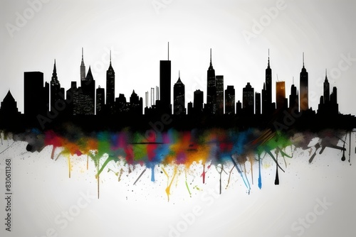  a painted silhouette of a cityscape with tall buildings  paint drips and paint splatters  Urban  Skyline  Artistic  Abstract  Colorful  Modern  Dynamic  Vibrant  Architecture  landscape  city