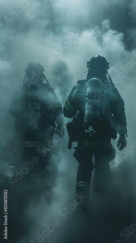 Firefighters Collaborating in Smoke Filled Training Exercise for Rescue