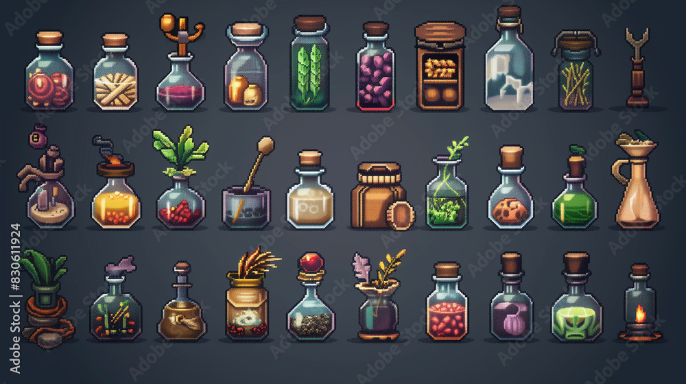 A collection of pixel art icons depicting various potions, herbs, and ...