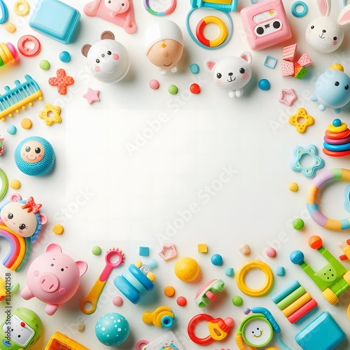 AI Generate of A Kid Toys, Baby Toys, Toddler Toys, Toys with white area for copy text in the middle. Top View. Flat Lay. White Background.