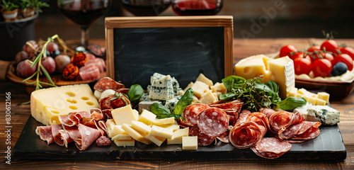 An upscale cheese and charcuterie platter on a wooden surface  accompanied by an empty chalkboard strategically placed to showcase your merchandise