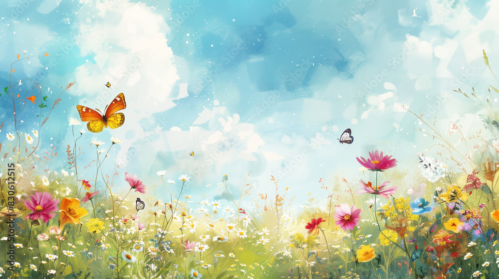 A blooming meadow with wildflowers and butterflies under a bright sky , watercolor style