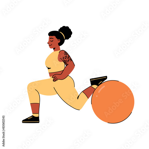 African-American young woman with tattoo doing workout with fitness ball. Flat vector illustration of plus size female character in yellow sport outfit. Body positive, fitness and pilates concept.