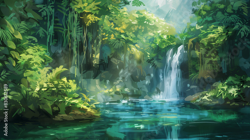 A lush rainforest with a waterfall cascading into a pool , watercolor style