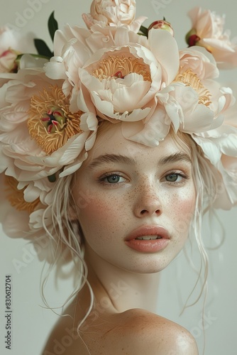 Elegant Beige Portrait of a Woman with Peony Hairstyle Generative AI