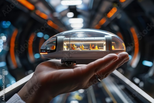 A human hand holding a model hyperloop train with a solid color backdrop and copy space
