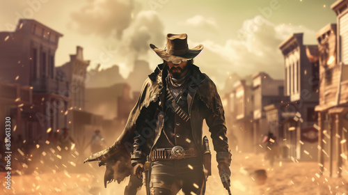 A rugged cowboy with a weathered hat and revolver, standing in a dusty desert town, ready for a showdown. , character design, concept art, video games photo