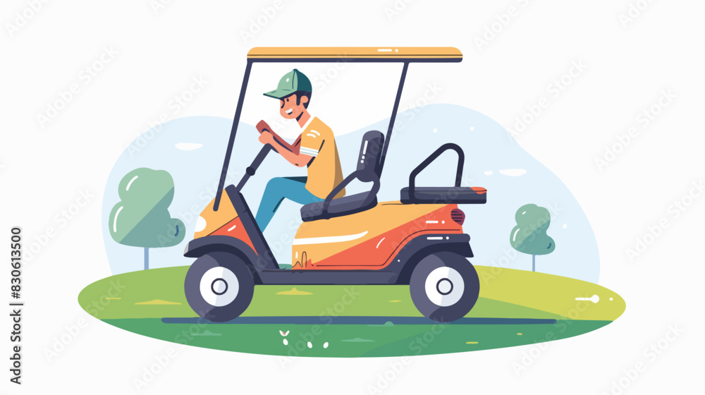 Young Man riding golf cart. Flat vector illustration.