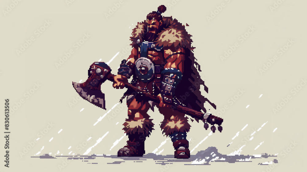 A pixel art barbarian with a large axe, wearing fur armor and a fierce expression. , character concept, pixel art, isolated design A pixel art barbarian with a large axe, wearing fur armor and a fierce expression. , character concept, pixel art, isolated design