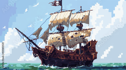 A pixel art pirate ship with sails, cannons, and a skull and crossbones flag. , assets, pixel art photo