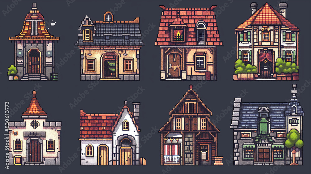 A set of pixel art icons for various types of buildings, such as houses, castles, and shops. , pixel art, set of icons, game assets