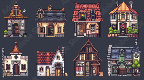 A set of pixel art icons for various types of buildings  such as houses  castles  and shops.   pixel art  set of icons  game assets