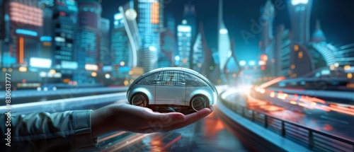 A human hand holding a small car with a futuristic highway in the background, evoking the concept of selfdriving cars photo