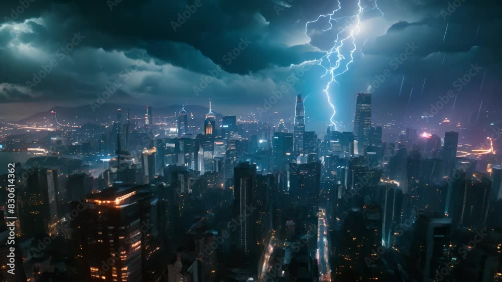 A stormy night cityscape illuminated by lightning strikes