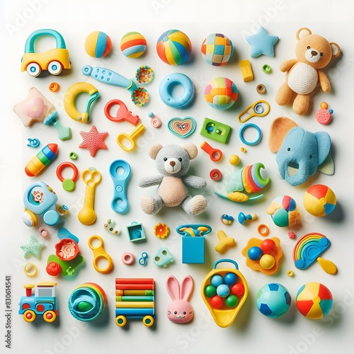 Wallpaper Mural AI Generate of Assorted Kid Toys, Baby Toys, Toddler Toys, Toys. Top View. Flat Lay. White Background. Torontodigital.ca