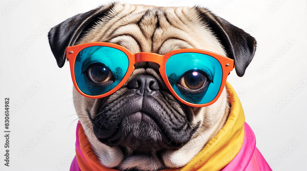 A pug dog wearing pink sunglasses on white background