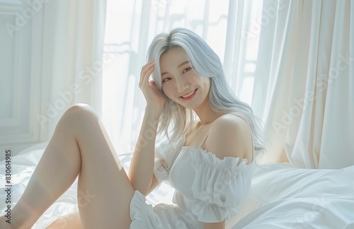 Beautiful Korean women with grey hair, smiling and posing on the bed in a white dress against a white curtain background