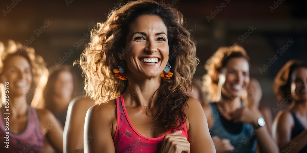 Middleaged women happily dancing in Zumba class showcasing active lifestyle together. Concept Zumba Class, Middle-aged Women, Active Lifestyle, Dance Fitness, Group Exercise