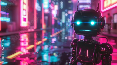 A robot standing in a neonlit urban street at night