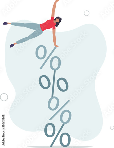 unstable financial or banking debt problem concept, businessman balance on percentage stack.flat vector illustration.