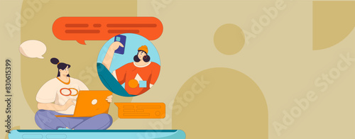 Virtual characters social communication concept business flat vector hand drawn illustration
