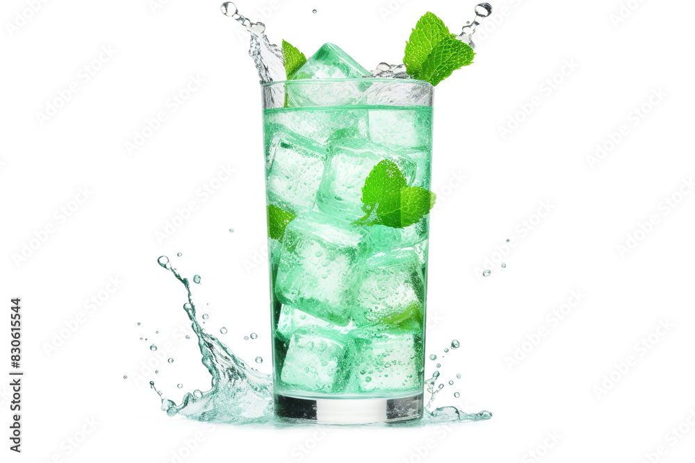 Crystal Cascade: A Glass Overflowing With Ice and Mint Leaves on White or PNG Transparent Background. Crystal Cascade: A Glass Overflowing With Ice and Mint Leaves on White or PNG Transparent Background.