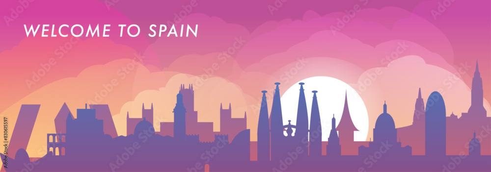 Welcome to Spain skyline with cities panorama, gradient vector banner. Colorful Barcelona, Madrid, Valencia, Sevilla, Bilbao, Malaga silhouette for footer, steamer, header, horizontal graphic