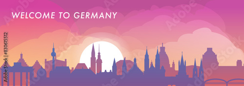 Welcome to Germany skyline with cities panorama, gradient vector banner. Colorful Berlin, Hamburg, Munich, Stuttgart, Frankfurt silhouette for footer, steamer, header, horizontal graphic