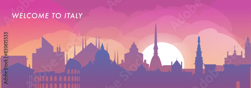 Welcome to Italy skyline with cities panorama, gradient vector banner. Colorful Milan, Rome, Palermo, Naples, Genoa, Turin, Bologna silhouette for footer, steamer, header, horizontal graphic