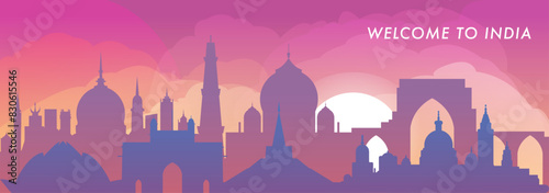 Welcome to India skyline with cities panorama, gradient vector banner. Colorful Delhi, Mumbai, Bangalore, Kolkata, Chennai, Hyderabad silhouette for footer, steamer, header, horizontal graphic