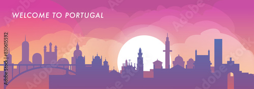 Welcome to Portugal skyline with cities panorama, gradient vector banner. Colorful Lisbon, Porto, Braga, Coimbra, Funchal, Setubal silhouette for footer, streamer, header, horizontal graphic photo