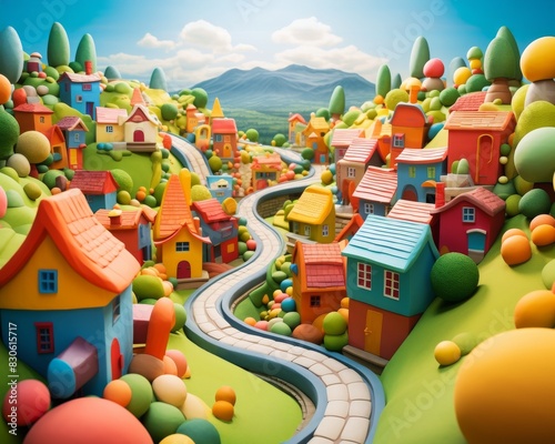 Vibrant 3D plasticine illustration of a colorful hillside village featuring winding roads, whimsical houses, and lush greenery under a bright blue sky. photo